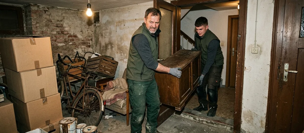 Zwei Männer räumen ein enges Kellerabteil mit alten Möbeln, Farbdosen, einem Fahrradrahmen und gestapelten Holzkisten und tragen die ersten Stücke unter einer nackten Glühbirne durch die niedrige Tür hinaus