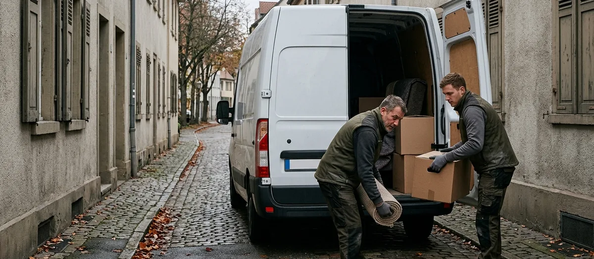 Zwei Helfer bringen ein in Decken gepacktes Möbelstück aus einer Hofdurchfahrt zum wartenden Kofferwagen