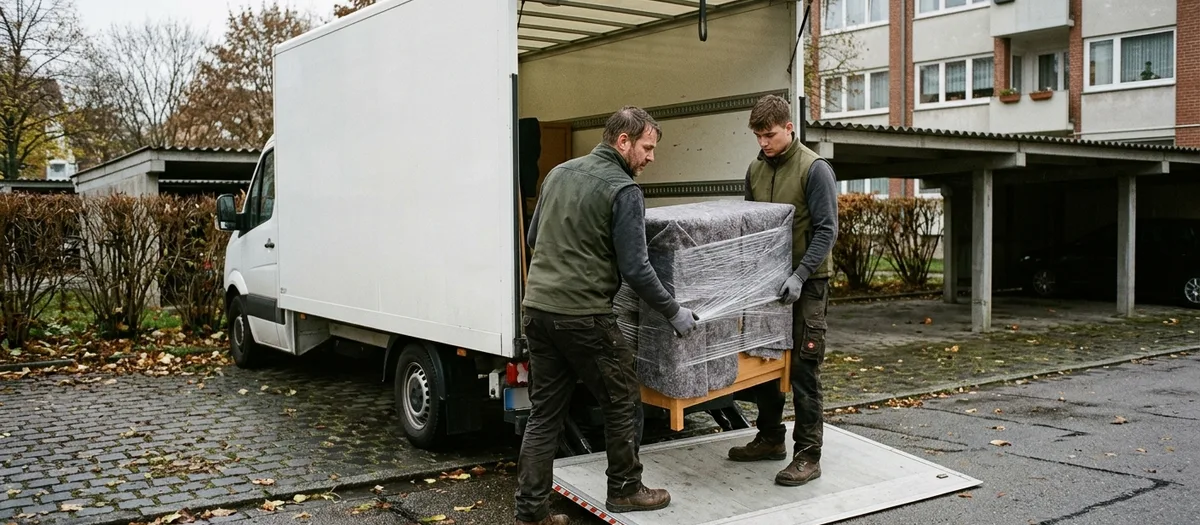 Weißer Kofferwagen mit abgesenkter Ladebordwand auf einem gepflasterten Stellplatz hinter einem Nachkriegsblock, zwei Träger heben eine eingedeckte Kommode herunter