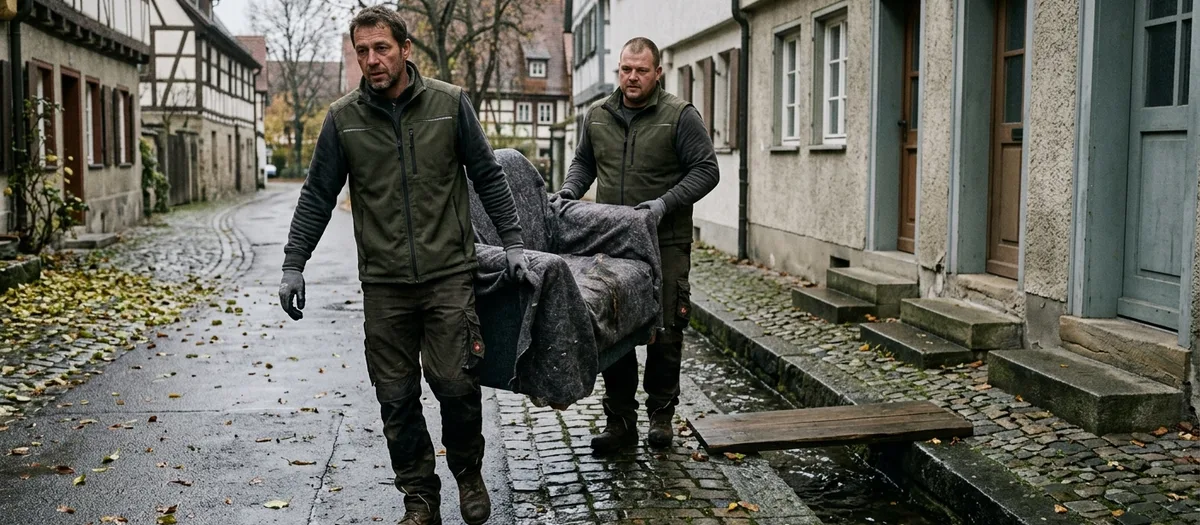 Zwei Träger bringen einen eingedeckten Sessel durch eine schmale Gasse; am Bordstein verläuft ein offener Wasserkanal im Steinbett, über den eine Bohle gelegt ist