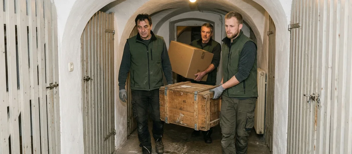 Ein Mann trägt eine Holzkiste durch einen schmalen Kellergang mit weiß gekalktem Gewölbe und Lattenverschlägen