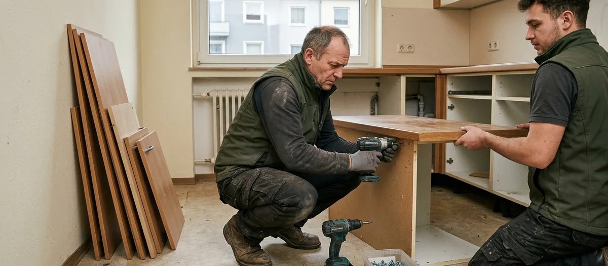 Monteur löst die Arbeitsplatte von den Unterschränken einer Einbauküche, die Schrankfronten lehnen flach an der Wand, Akkuschrauber und ein Behälter mit Beschlägen stehen am Boden