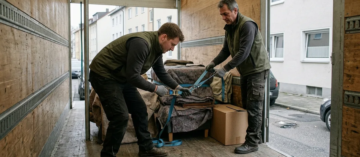 Blick in den Laderaum eines Kofferwagens, in dem ein Träger einen Spanngurt über gestapelte, eingedeckte Möbel festzieht