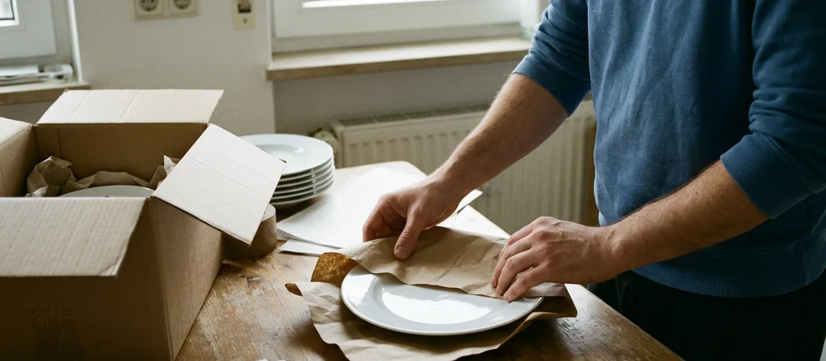 Zwei Hände schlagen einen Essteller in Packpapier ein, daneben ein halb gefüllter brauner Umzugskarton und ein Stapel wartender Teller