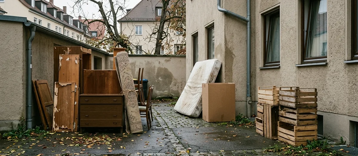 Alte Möbel, ein gerollter Teppich, eine Matratze und gestapelte Holzkisten liegen in drei getrennten Gruppen auf dem feuchten Pflaster eines Innenhofs