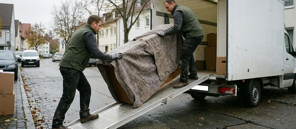 Tief neben der Rampe aufgenommen: zwei Träger schieben einen eingedeckten Kleiderschrank über die Aluminiumrampe in den Kofferwagen