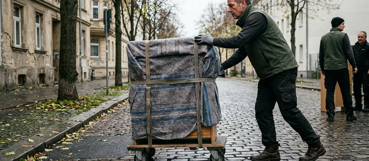 Von der Seite aufgenommen: ein Träger schiebt eine flache Möbelrolle mit eingedeckter Kommode über feuchtes, unebenes Kopfsteinpflaster