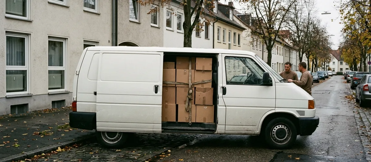 Kastenwagen mit geöffneter Schiebetür an einer engen Straße, im Laderaum braune Kartons bis unter das Dach gestapelt und mit einem Gurt gesichert