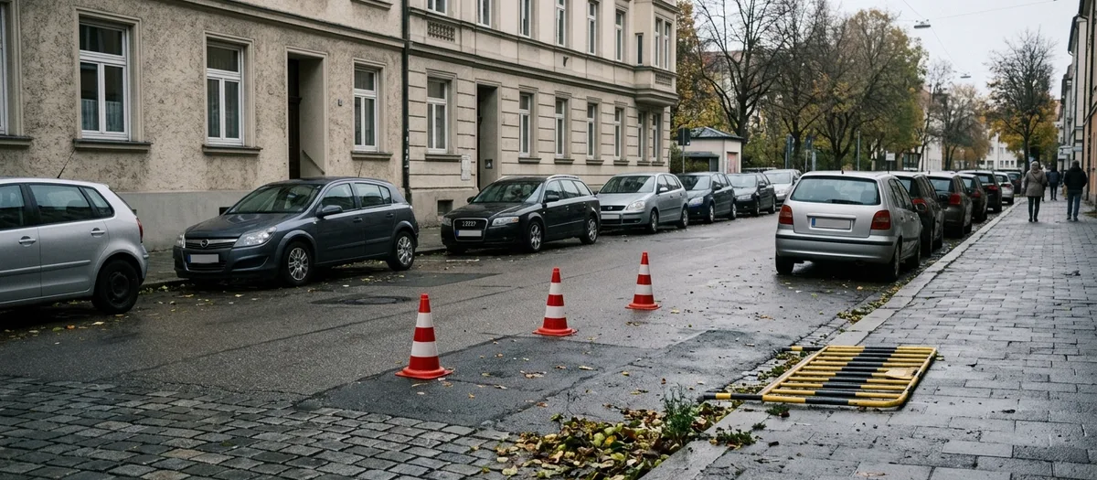 Freigehaltener Streifen am Bordstein vor einem Altstadthaus, abgesteckt mit drei rot-weißen Leitkegeln und einer zusammengelegten Absperrung, der übrige Straßenrand ist zugeparkt