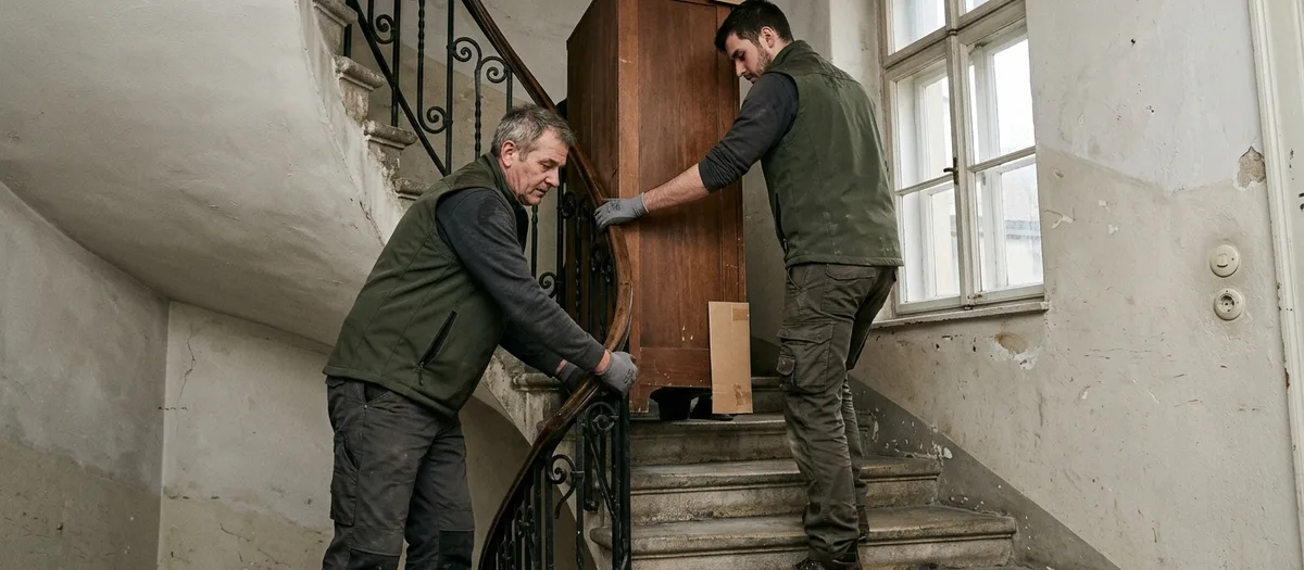 Von unten aufgenommen: zwei Träger führen einen hohen schmalen Schrank um die Wendung eines Altbau-Treppenhauses mit eisernem Geländer